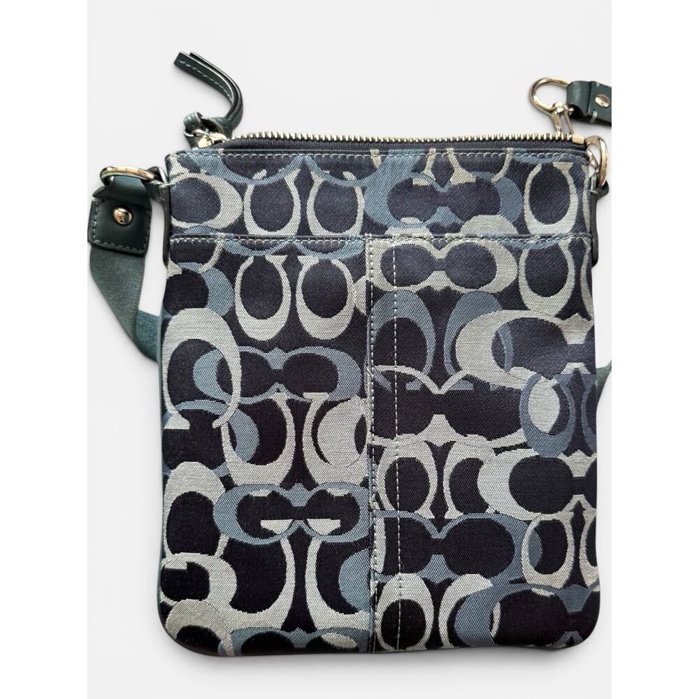 Coach Op Art Signature Blue Crossbody Bag Teal Trim Zip Top Adjustable Strap Y2K - Picture 4 of 11
